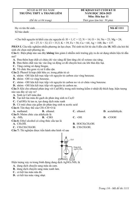 Đề thi Học kì 2 Hóa học 11 năm 2024-2025 trường THPT A Thanh Liêm (Hà Nam)